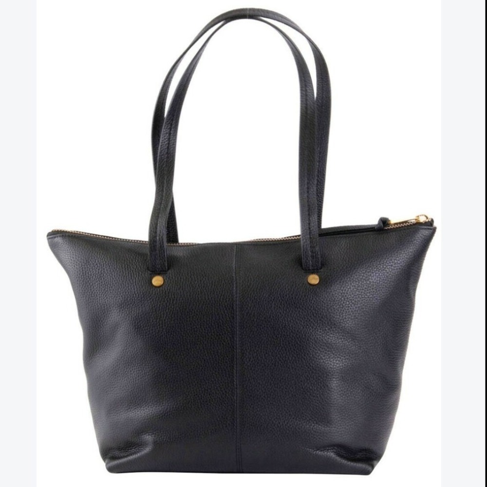 J.Crew Devon Black Pebbled Leather Zip Top Tote Bag Gold Hardware